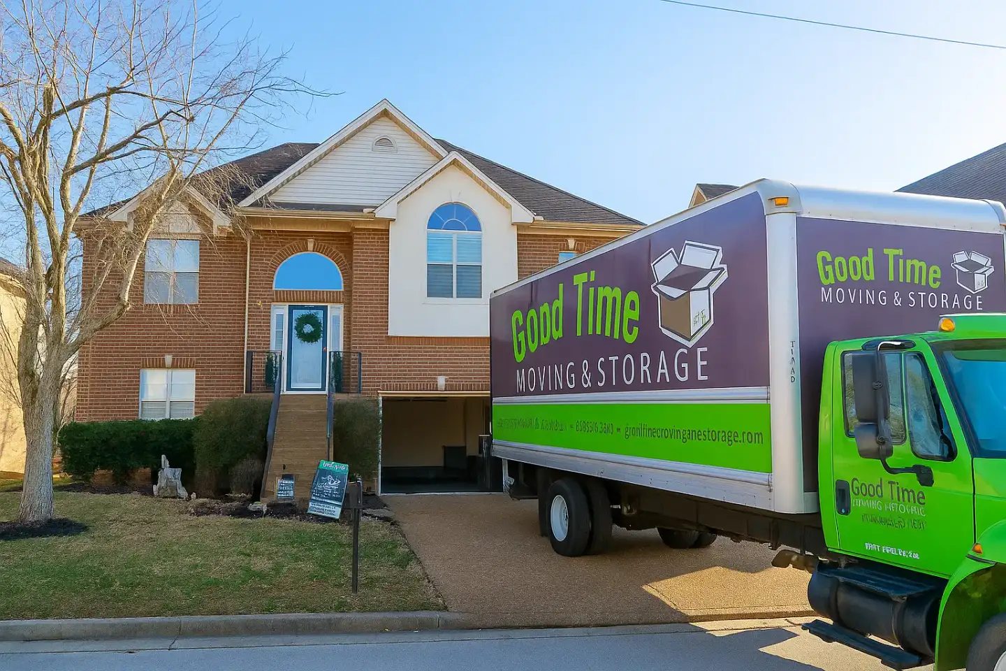 Good Time Moving & Storage truck parked outside a family home for a residential move in Nashville, TN